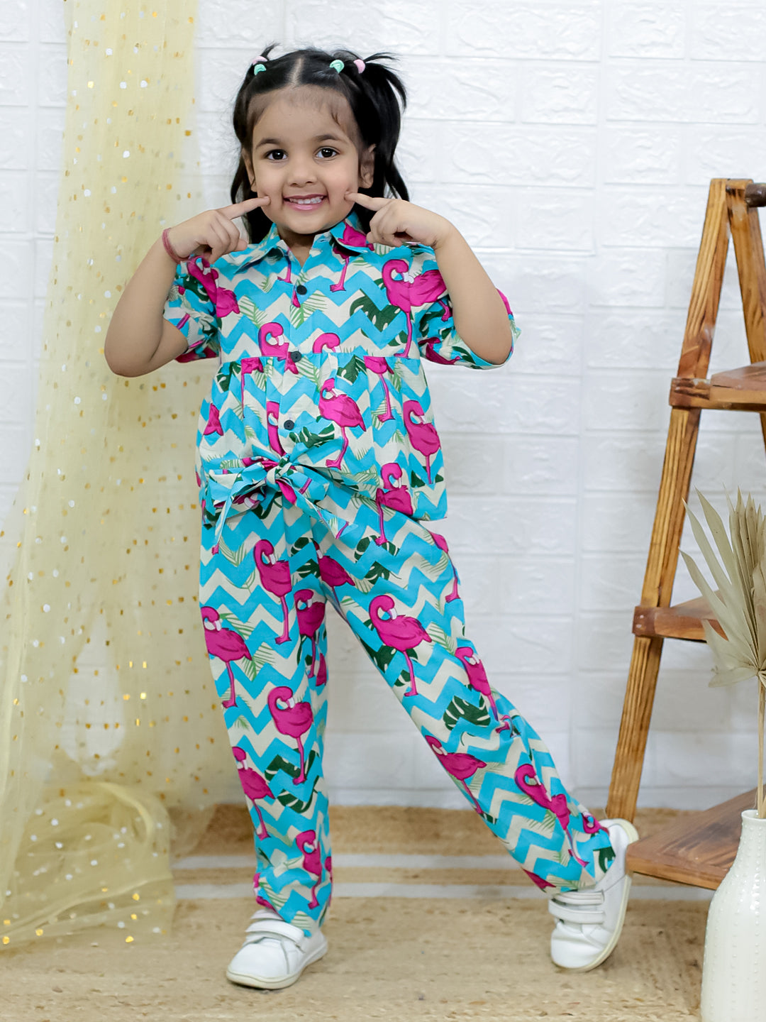 Girls Conversational Printed Spread Collar Pure Cotton Shirt with Trousers