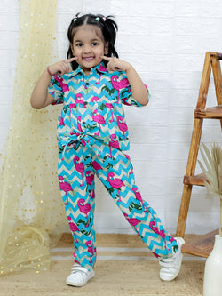 Girls Conversational Printed Spread Collar Pure Cotton Shirt with Trousers