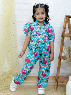 Girls Conversational Printed Spread Collar Pure Cotton Shirt with Trousers