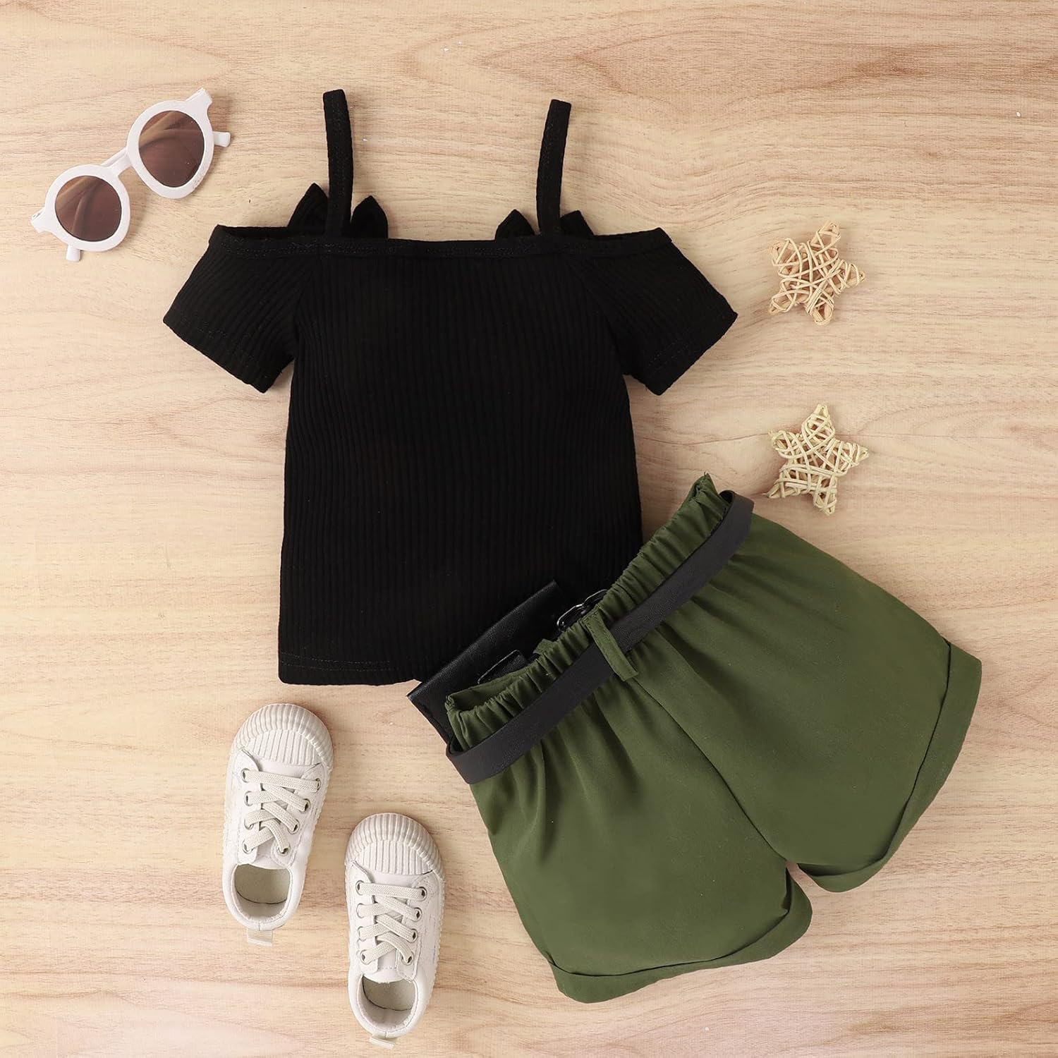 Girls Shorts Set Short Sleeve Cold Shoulder Button Tops and Shorts with Belt 3 Pcs Outfits Summer