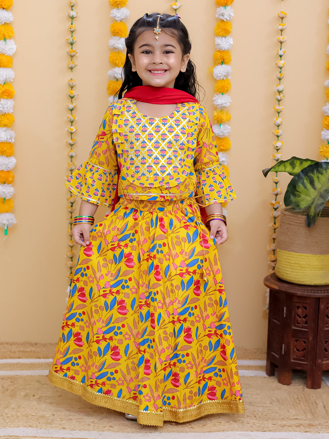 Girls Ethnic Printed Floral Lehenga & Blouse With Dupatta